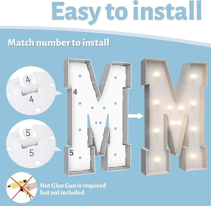 4FT Marquee Light Up Letters M,Party Decoration Large Marquee Light Up Letters with Weighted Water Bag,Pre-cut Foam Board Set Can Be Used for Birthdays,Weddings,Baby Anniversaries
