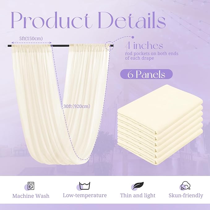 6 Panels Ivory Wedding Curtains - 5ftx30ft, Romantic Cheesecloth Sheer Drapes for Arch, Draping Fabric, Party & Ceremony Staging