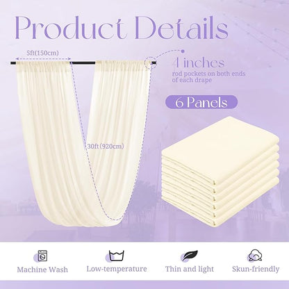 6 Panels Ivory Wedding Curtains - 5ftx30ft, Romantic Cheesecloth Sheer Drapes for Arch, Draping Fabric, Party & Ceremony Staging