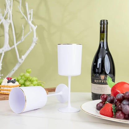 Ciaell 12 Pack White Plastic Wine Glasses with Stem - 10 Oz White and Gold Disposable Wine Glasses for Parties & Weddings & Poolside & Toasting & Outdoors & Graduation