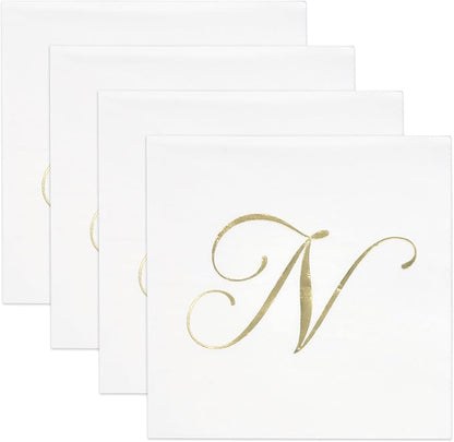 Gift Boutique 100 Gold Monogram Cocktail Napkins Letter N Disposable Paper Pack Elegant Metallic Golden Foil Hand Napkin for Powder Room Wedding Holiday Birthday Party Baby Shower Decorative Towels