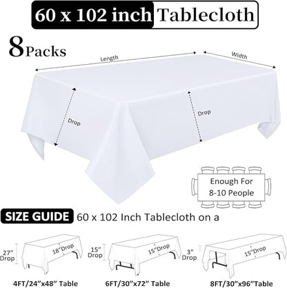 8 Pack White Table Cloth 60 x 102 Inch Rectangular Tablecloths for 6 Foot Rectangle Tables, Wrinkle Resistant White Tablecloth Washable Polyester Fabric Table Covers for Party Wedding Banquet