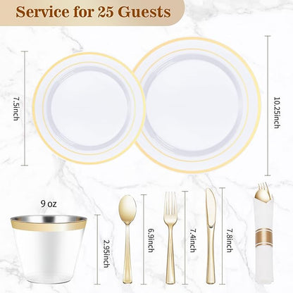 BESTVIP 175PCS Gold Plastic Dinnerware Set, Disposable Party Plates for 25 Guests, Include: 50 Plastic Plates, 25 Pre Rolled Napkins with Gold Silverware, 25 Cups for Christmas, Halloween