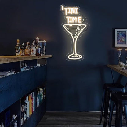Tini Time Neon Sign, Martini LED Neon Sign for Bars, Elegant Cocktail Glass Neon, Martini Cocktail Bar Wall Decor, Bar Wall Art, Pub neon, 16.5"x8.7", Warm White