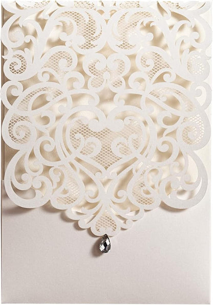 Hosmsua 50PCS White Wedding Invitations Kit 5 x 7.3 Inch Laser Cut Hollow Rose Rhinestone Pocket with Envelope for Quinceanera Bridal Shower Invite (White Ivory)