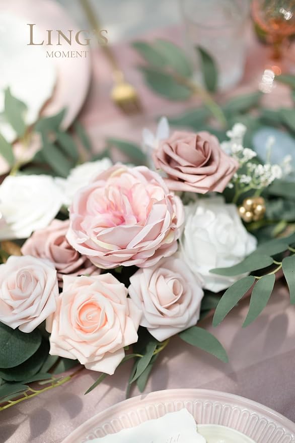 Ling's Moment Flower Garland - 6FT Eucalyptus & Rose - Pink Sweetheart Table Decor for Wedding Reception, Artificial Floral Garland for Mantle, Thanksgiving, Christmas Decoration, Dusty Rose