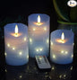 danip Sky Blue LED Flameless Candle, with Embedded Star String, 3-Piece Set of LED Candles, with 11 Button Remote Control, 24-Hour Timer Function, Dancing Flames, Real Wax, Battery Powered.