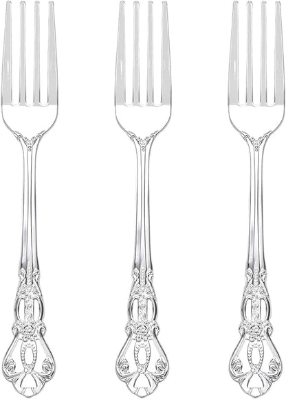 75PCS Silver Plastic Forks - 8.1inch Silver Forks Disposable - Vintage Heavy Duty Dessert Forks - Premium Fancy Plastic Silverware for Parties, Weddings, Dinners and Events