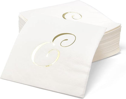 Gift Boutique 100 Gold Monogram Cocktail Napkins Letter E Disposable Paper Hand Towels for Bathroom Wedding Baby Shower Holiday Party Decor