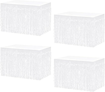 4P Wavy Metallic Tinsel Foil Fringe Table Skirts for Rectangle Tables Backdrop Garland Curtains for Parade Floats Wedding Birthday Parties Decoration Graduation 2025 Christmas (Makaron White)