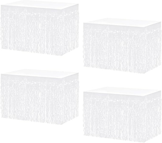 4P Wavy Metallic Tinsel Foil Fringe Table Skirts for Rectangle Tables Backdrop Garland Curtains for Parade Floats Wedding Birthday Parties Decoration Graduation 2025 Christmas (Makaron White)