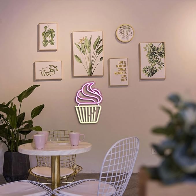 Cupcake Neon Sign Led Pink Warm White Neon Lights for Wall Decor Usb Light Up Signs for Bakery Dessert Shop Resturant Bar Cafe Candyland Party Decorations