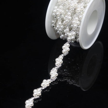 PEARLY JUN 1 Yard Pearl Rhinestone Trim Chain Silver Crystal Fringe Diamond Applique Ribbon String Tassel Strip for Sewing Wedding Dress Crafting Crafts Flower Embellishments