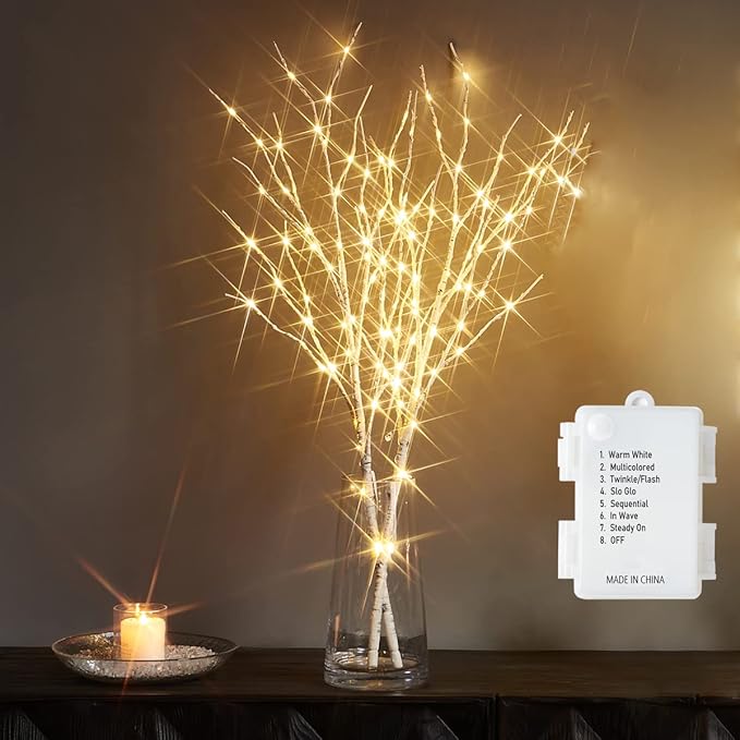 Fudios Lighted White Birch Branches with 100 Multicolor LED Fairy Lights 32in 8 Fuctions, Battery Color Changing Christmas Twig Lights for Vase Indoor Holiday Decoration