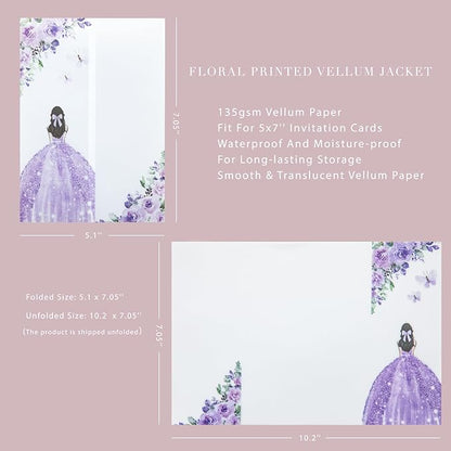 PONATIA 50 PCS Vellum Jackets for 5x7 Invitations - Vellum Paper 5x7 Jackets - 135GSM Purple Girl Flowers Quinceanera Invitation Transparent Wraps (Purple Girl)