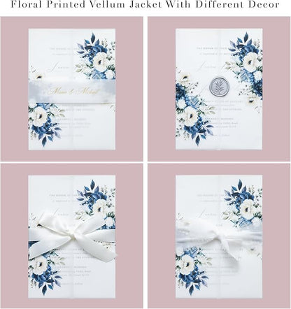 PONATIA 50PCS Vellum Jackets for 5x7 Invitation Cards- 135GSM Dusty Blue Flowers Vellum Sleeves, Wedding Invitations Wraps - Transparent Christmas Gift Cards Jackets