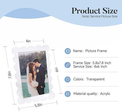 Cuspin 2 Pack 4x6 Acrylic Frame, Scalloped Picture Frame Clear Magnetic Acrylic Photo Frames with Dual Kickstand Holes for Vertical and Horizontal Display