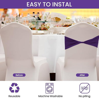 Kinlop 50 Pcs Spandex Chair Sashes Bows Chair Bands Slider Sashes for Covers Elastic Bands Ties Without Buckle Decorations for Wedding Party Events Ceremony Birthday(Purple)
