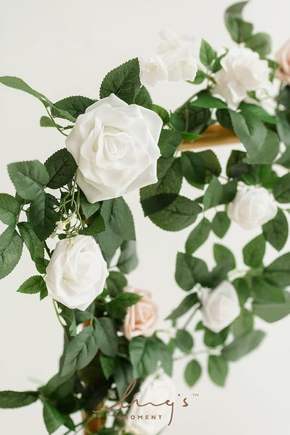 Ling's moment 5FT White Artificial Flower Garland Fake Rose Green Leaves Floral Garland Arch Flowers Vine for Wedding Party Backdrop Decor Mantel Home Table Centerpieces Window Decorations