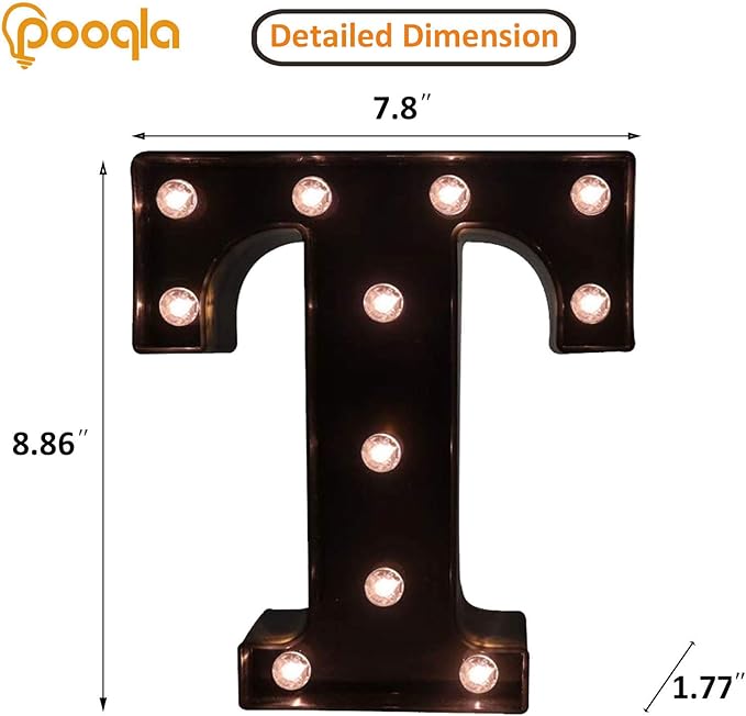 Decorative LED Illuminated Letter Marquee Sign - Alphabet Marquee Letters with Lights For Wedding Birthday Party Christmas Night Light Lamp Home Bar Decoration T, Black