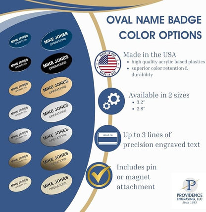 Custom Engraved Name Tag Badges – Personalized Identification with Pin or Magnetic Backing, 3.2 Inch Oval, Silver/Black