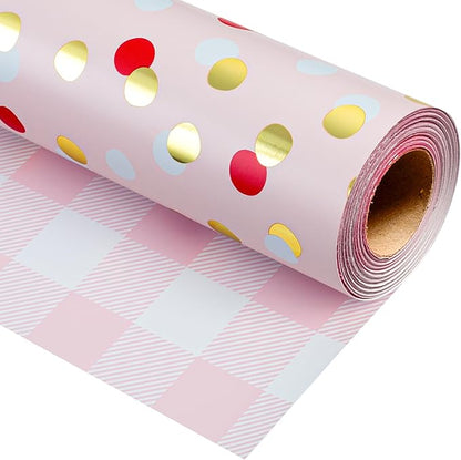 Burymento Red Gold Dots Wrapping Paper, Reversible Pink Lattice Design Gift Wrap for Baby Shower, Birthday, Valentines, Mothers day, Graduation, Wedding, Fathers day, Christmas (17 Inch X 32.8 Feet)