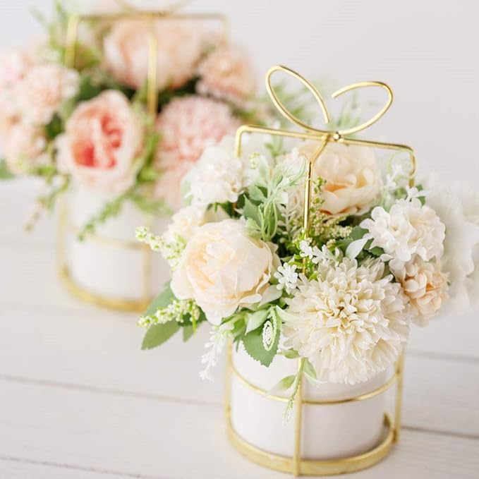 KIRIFLY Fake Artificial Flowers in Vase Faux Peony Silk Hydrangea Flower Centerpieces Décor for Wedding Table Decoration(White in Gold)
