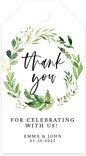Andaz Press 100-Pack Personalized Thank You for Celebrating with Us Wedding Favor Tags with Bakers Twine Greenery Wreath Custom Cardstock Wedding Gift Tags Thank You Tags for Party Favors 2” X 3.75”