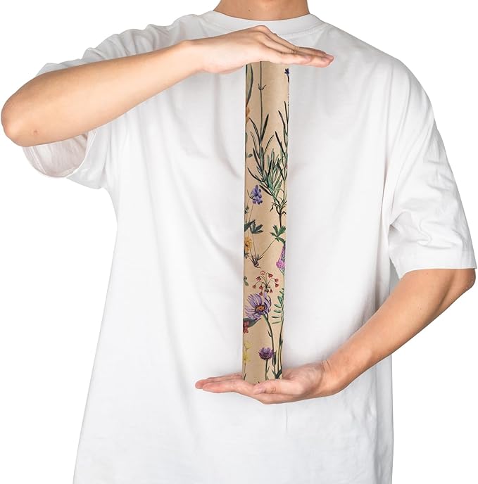 RUSPEPA Wild Flower Wrapping Paper Roll for Women, 17 Inches x 32.8 Feet, Mini Roll, Kraft Floral Design Wrapping Paper for Christian Gifts, Birthdays, Weddings, Bridal Shower and Engagement
