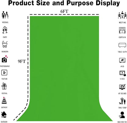 6x9FT Green Screen Backdrop Portable Solid Color Photography Background for Video, Studio, Photo, Live, Editing Green Backgrounds