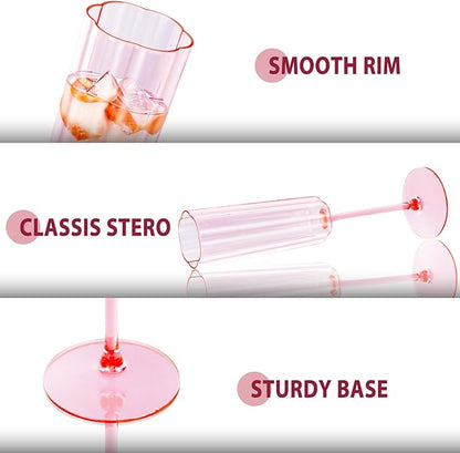 Ciaell 24 Pack Pink Plastic Champagne Flutes - 6 Oz Flower Wavy Champagne Glasses - Heavy Duty Vintage Disposable Glassware for Party & Anniversary & Wedding