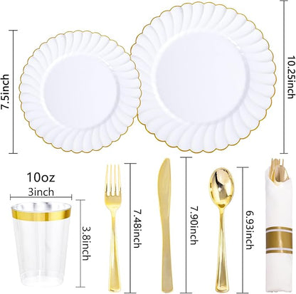 YOUBET 350PCS Gold Scalloped Plastic Plates - White and Gold Disposable Dinnerware Set Include 100 Plates, 150 Gold Silverware, 50 Cups, 50 Napkins for Wedding & Party & Thanksgiving
