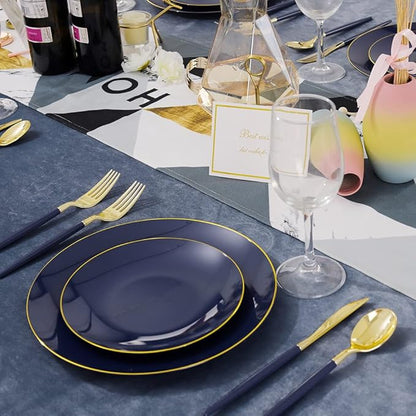Liacere 150PCS Blue Plastic Plates - Gold Plastic Silverware with Blue Handle - Navy Disposable Plates Include 30 Guests Plates,Forks,Spoons,Knives for Wedding & Party & Halloween