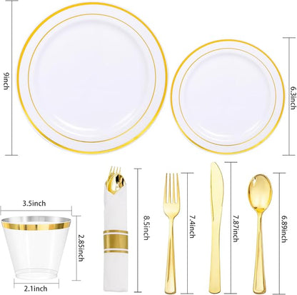350Piece Gold Dinnerware Set for 50 Guests - Gold Plastic Plates with Disposable Cutlery Include:50Dinner Plates-50Dessert Plates-50Pre Rolled Napkins with Silverware for Thanksgiving