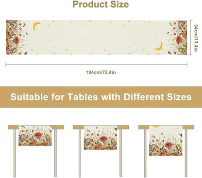 Mushroom Kitchen Table Runner, Gothic Moon Star Plants Witchy Moonlit Flower Butterfly Table Runner for Kitchen Dinner Living Room Drapes, 13x90 Inch White