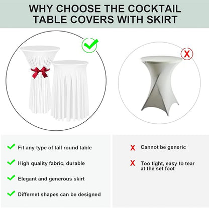 Cocktail Table Covers - 2 Pack 32"x 43" White Cocktail Table Tablecloth with Natural Wavy Round Skirt for Bar Wedding Party Banquet