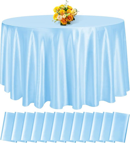 fani 12 Pack 120 Inch Light Blue Satin Tablecloth - Silky Round Tablecloth Overlay Smooth Fabric Table Cover, Bright Table Decoration for Wedding Party Banquet Events Restaurant Kitchen Dining