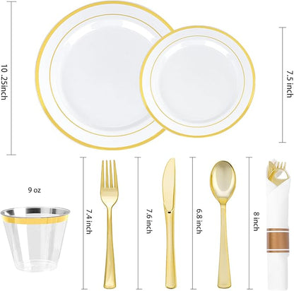 BESTVIP 700PCS Gold Plastic Dinnerware Set for 100 Guests, Disposable Plates for Party, Include: 200 Plastic Plates, 100 Pre Rolled Napkins with Gold Silverware, 100 Cups for Christmas, Halloween