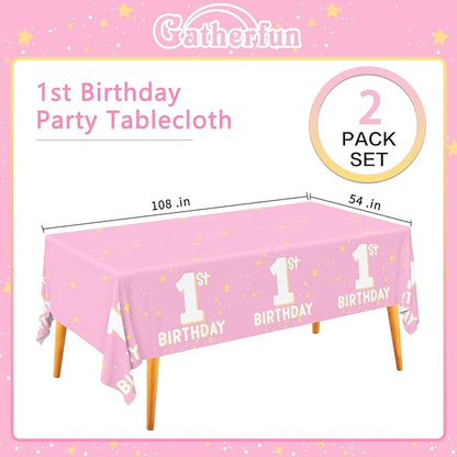 Gatherfun Baby Girl Party Supplies Set: 1st Birthday Decorations, Includes 2-Pack Baby Girl-Themed Tablecloths for First Birthday Decorations, Disposable Table Covers 54 x 108 Inch
