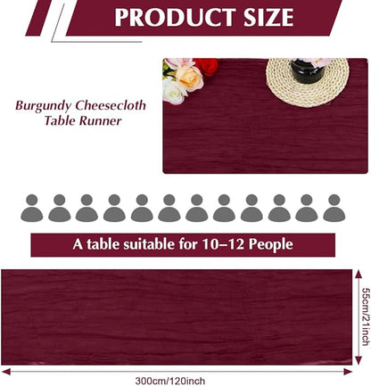 Wine red Cheesecloth Table Runner -21*120Inch Long Boho Wedding Table Decor, Rustic Gauze Fabric Runner for Bridal Showers, Baby Showers & Parties (Sheer, Lightweight, Wrinkled Design)