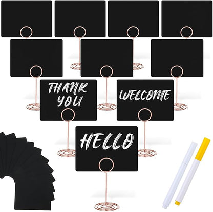 TecUnite 12 Pcs Mini Chalkboard Signs, 4"x3" Small Chalkboard Label with Metal Stand 2 Water Based Chalk for Food Buffet Tabletop Blackboard Sign for Party Bakery(Rose Gold,8.7 x 2.8 in)