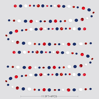 46 Ft Navy Blue Red White Circle Dots Garlands Royal Blue Red Hanging Paper Polka Dots Streamer for 4th of July American Independence Day USA National Day Patriotic Veterans Party Decorations Supplies
