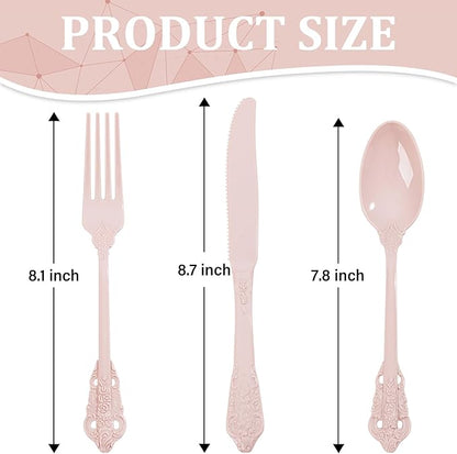 WDF 120 Pieces Heavy Duty Pink Plastic Silverware - Pink Plastic Cutlery Set - Disposable Pink Utensils - Disposable Flatware Includes 40 Forks, 40 Spoons, 40 Knives for Party, Wedding