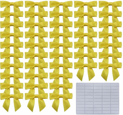 2.5" Hgzgch Yellow Satin Ribbon Bow for Gift Wrapping, Premade Bows for Crafts, Cake, Party Favors, Handmade Bows with Double-Sided Tape, Self Adhesive Gift Bows for Presents, Treats - 50pcs