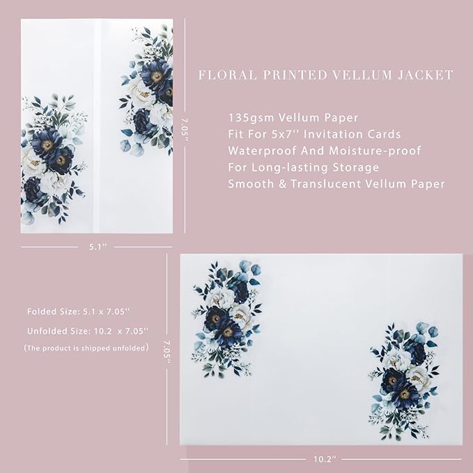 PONATIA 50PCS Vellum Jackets for 5x7 Invitation Cards- 135GSM Navy Blue Flowers Printed Wedding Invitations Wraps - Transparent Christmas Gift Cards