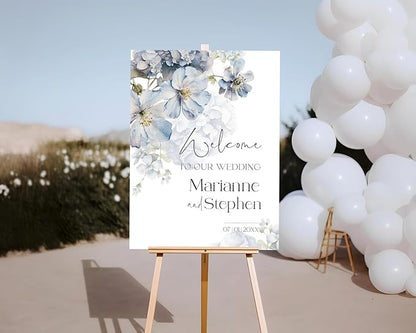Welcome Wedding Sign Personalized, Soft Blue Flower Wedding Sign Decorations Signage 12" X 18" (Small), 27" (Medium), 36" (Large), Plastic, Modern, Pole Mount, Weather