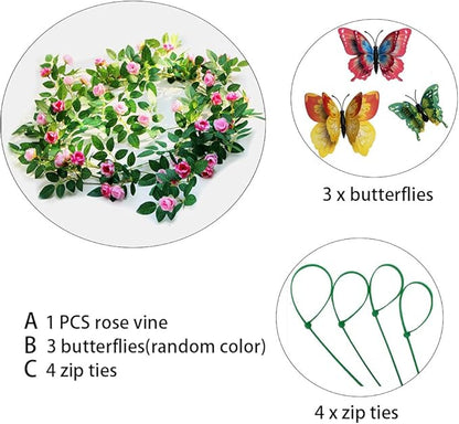 6FT Bendable Rose Vine with Butterflies, Wildflower Garland Hanging Floral Garland for Wall Decor Trellis Fence Home Room Decoration (Pink, 1pc)