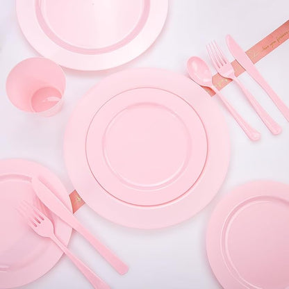 KIRE 150 Pieces Pink Plastic Plates Disposable - Pink Dinnerware Set Include 25 Dinner & 25 Salad Plates 25Forks 25Knives 25Spoons 25 Cups for Baby Shower/Bridal Shower