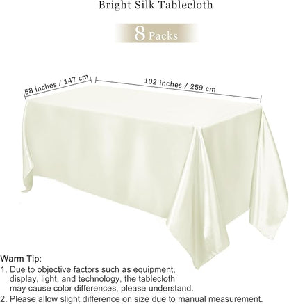 TURSTIN 8 Packs Ivory Satin Tablecloth 102 x 58 Inch Overlay Satin Table Cover Rectangle Bright Silk Tablecloth Smooth Fabric Table Decoration for Wedding Banquet Party Events