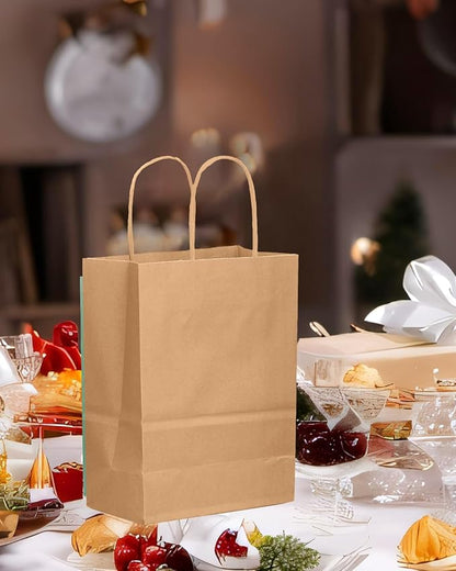 qiqee 50-Packs Brown Paper Gift Bags with Handles Bulk 8.3"x3"x 6" Small Size Paper Bags Multiple Uses(Small Size)